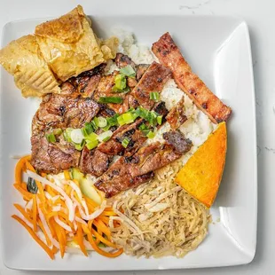 Com Dac Biet / Broken Rice Platter with Grilled pork, pork sausage, egg loaf, and shrimp in beancurd