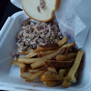 Shoulder sandwich plain with fries, sauce on the side, so it wouldn't get soggy!