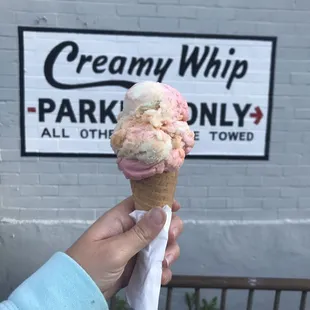 Delicious rainbow sherbet &amp; sugar cone.