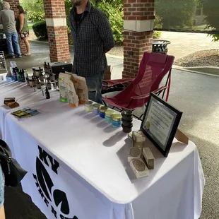  man standing at a table with items on it