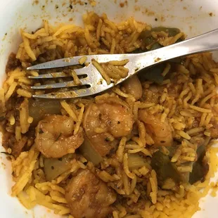 "Large" shrimp next to a dessert fork, for scale