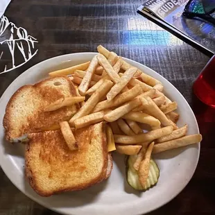 a plate of french fries and a sandwich