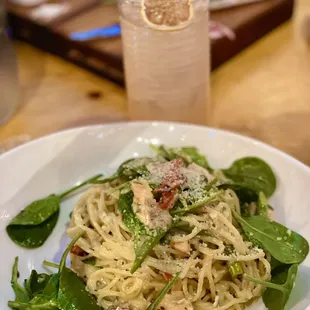 Special of the day: Lemon pasta with salmon, spinach, asparagus, and bell peppers