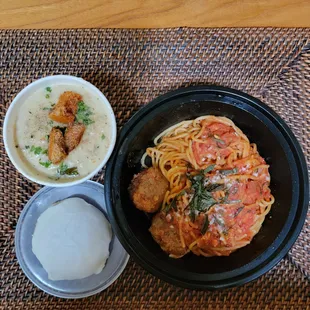 Clam chowder, spaghetti &amp; meatballs, lemon ricotta cookie.