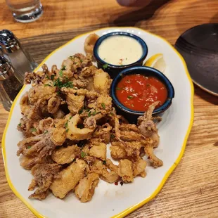 Calamari app... so good!  Served with a lemon aioli and marinara