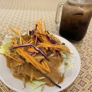 Side mixed salad with peanut dressing (included in lunch special) and Thai iced coffee