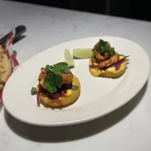 Grilled Shrimp - Polenta tostada, chili aioli, pickled red onion and chili oil.