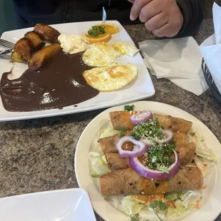 Beef and chicken fried taquitos were insanely delicious. The fried eggs with plantains were amazing too.