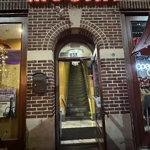 the entrance to a restaurant