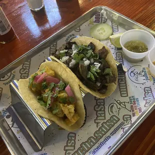 Shrimp taco (left) steak taco (right)