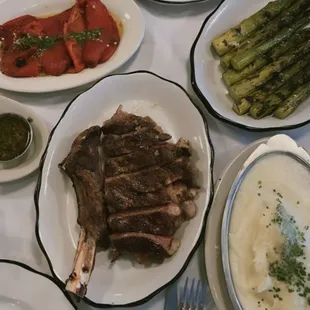 Roasted peppers, cowboy steak, asparagus and garlic potatoes