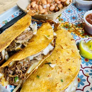 Quesatacos, beans and rice