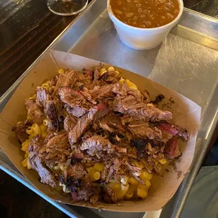 Brisket hatch Mac and cheese, charro beans