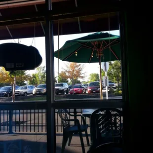 Looking out any window is a parking lot, but colorful decor