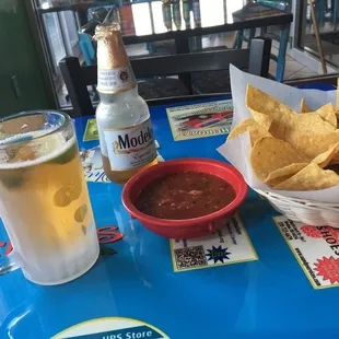 Chips and salsa and a modelo. Perfect for the hot weather