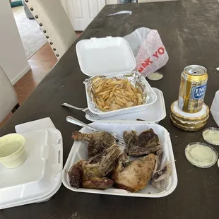 Whole Chicken, two sides of fries, Peruvian Green Sauce, and an Inka Kola