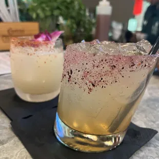 Spicy Margaritas tajin rim and classic margarita mixed rim sugar and salt