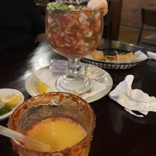 Mango margarita with chamoy and shrimp cocktail