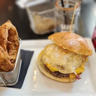 Breakfast Burger with onion rings