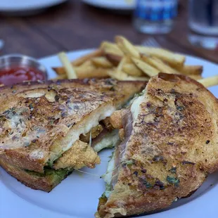 a grilled sandwich and french fries