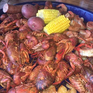 Crawfish, shrimp, potatoes, corn and sausage!