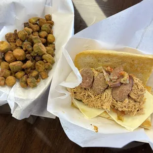 Fried okra. Smoked chicken and andouillle sandwich