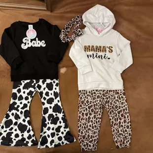Babe/cheetah pant outfit, cow print bell bottoms, mamas mini hoodie