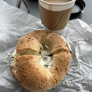 Sausage, egg and cheese bagel and vanilla hazelnut coffee