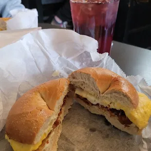 Bacon egg and cheese. Hibiscus berry iced tea