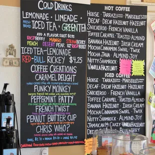 Our flavored coffee board and our specialty drinks board.