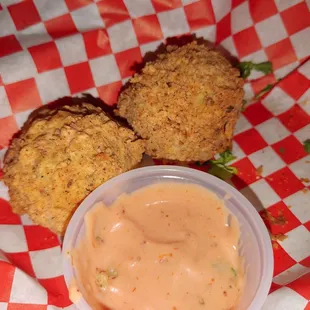 Boudain balls, what was left of the 6 they gave us. Slightly spicy and great flavor!