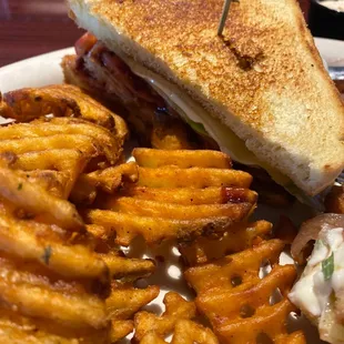 Turkey Club with waffle fries