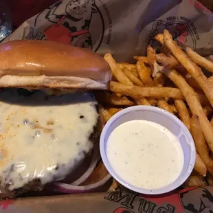 a cheeseburger and french fries