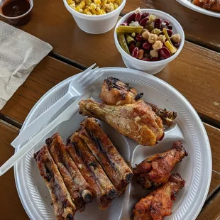 Ribs, Wings, Drum sticks, corn and beans salad