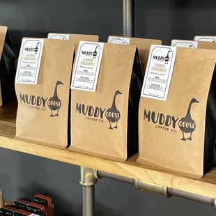 three bags of muddy goose coffee