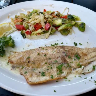 Pan seared walleye with side of hot cabbage salad &amp; Brussels sprouts