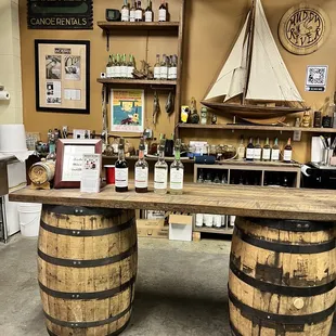 a wooden table with a boat on top