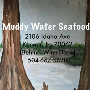 a painting of trees and a body of water