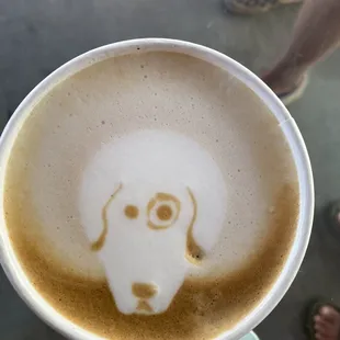 Awesome! Doggie face on the cappuccino...