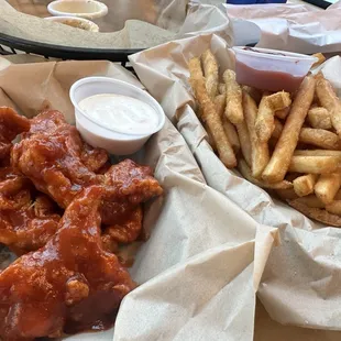 BBQ chicken fingers and fries.