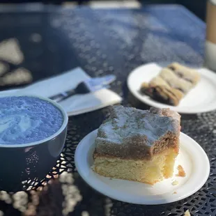Ube vanilla latte, coffee cake, chocolate pastry and hot Vietnamese coffee