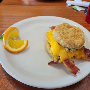 Yummy egg, cheese and bacon biscuit for breakfast