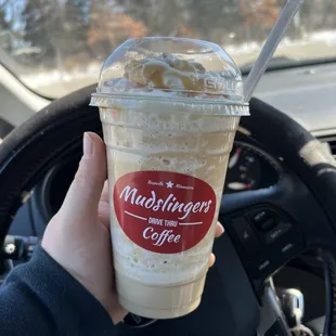 Blended white mocha with whip and some caramel on top