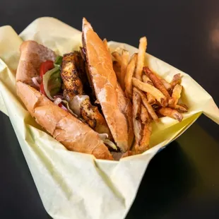 a hot dog and french fries