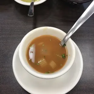Complimentary vegetable soup prior to meal.
