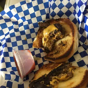 Charred burger patties.