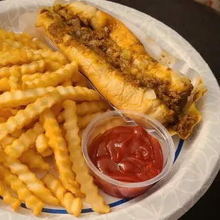 Chili Cheese Dog with onion and fries. Always good!