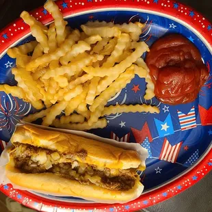 The chili cheese dog with onions and fries is delicious.