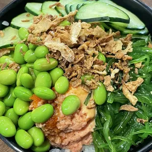 Small poke bowl with half salmon &amp; half spicy tuna with all the delicious toppings and sauces