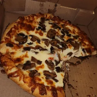 Small Mushroom Pizza.  About $12.  Super Cheesy And Filling.  I Could Only Eat Half.  Ask For Well Done So It Looks Like This.